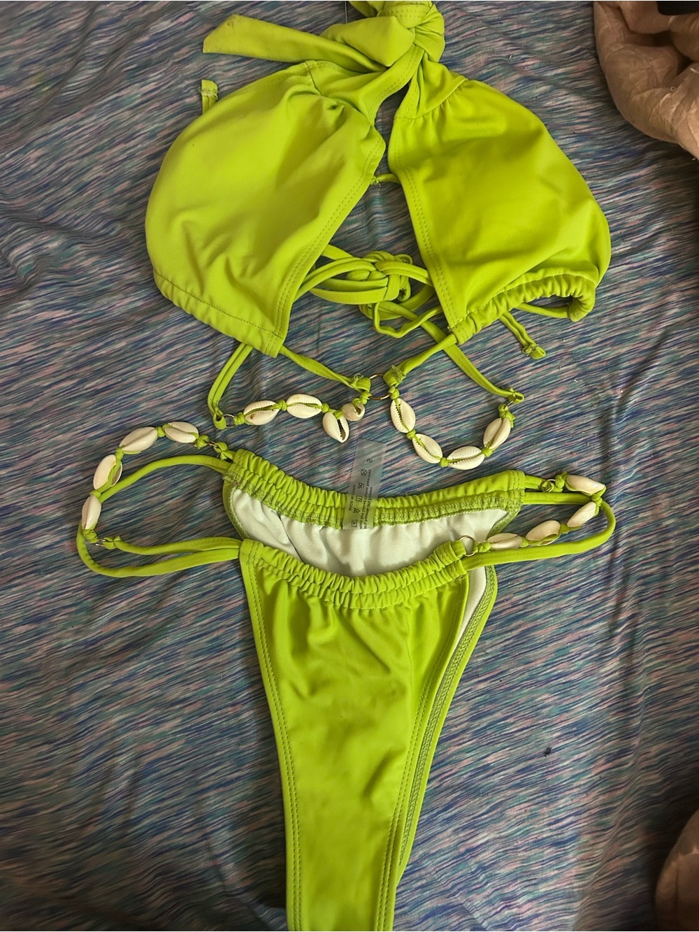 Girls Neon Lime Shell-Trim Bikini Top and Bottom Set